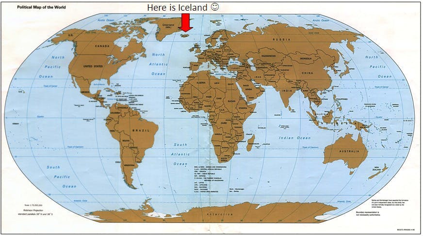 A picture of a world map pointing out where Iceland is located. 